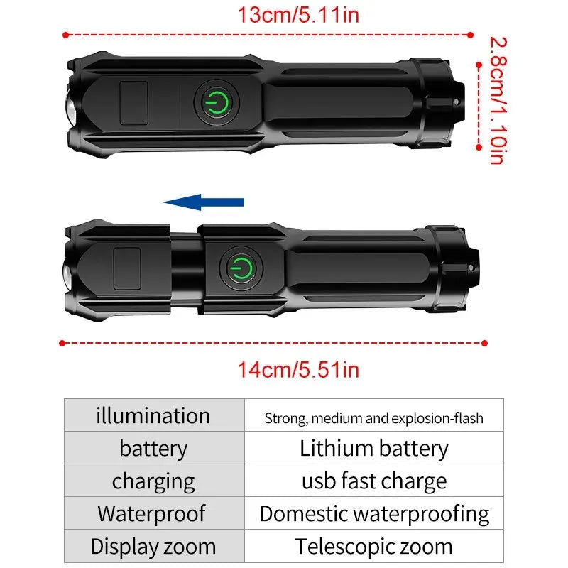 Lanterna Tática LED 100000 Lumens à Prova D'água